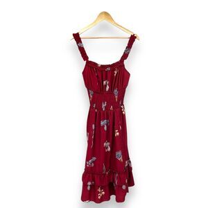 Scarlet Darkness Dress Women's S Smocked Mushroom Dolls Red Midi Goth